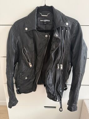 Karl Lagerfeld Black Leather Biker Jacket with Silver Hardware